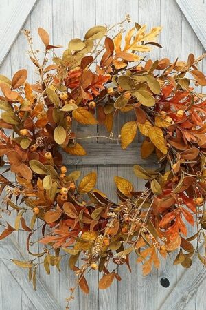 Artificial Fall Wreath for Front Door Autumn Wreath with Bright Oak Leaves,Small Pumpkin,Berry Branches,Mixed Leaves for Farmhouse Indoor Outdoor Window Wall Door Decor