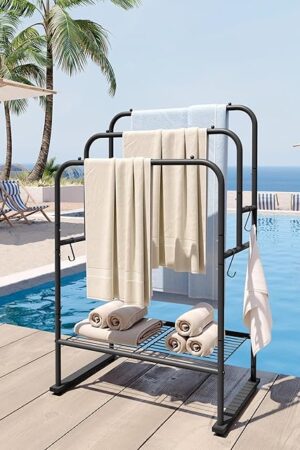 ELYKEN 40'' Tall Standing Towel Racks, 3 Tier Towel Drying Rack Outdoor, Pool Towel Stand Blanket Holder with Shelf & 4 Removable Hooks, Metal Freestanding Towel Racks for Bathroom, Matte Black