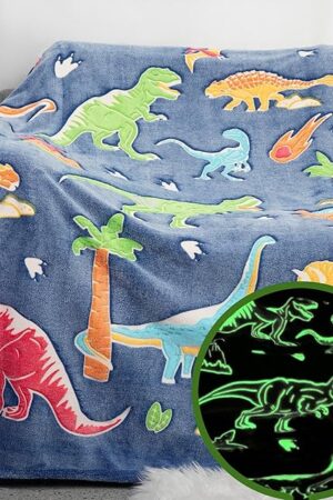 Dinosaur Blanket Throw Blanket 50"x60" Soft Fleece with Glowing Dinosaurs