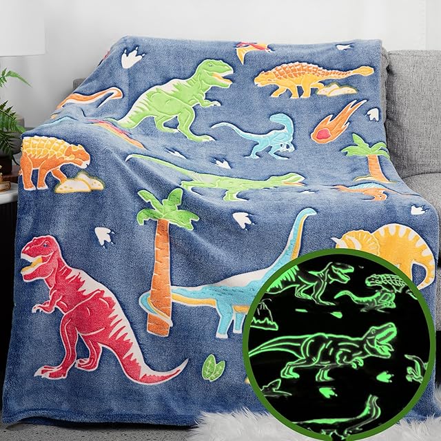 Dinosaur Blanket Throw Blanket 50"x60" Soft Fleece with Glowing Dinosaurs