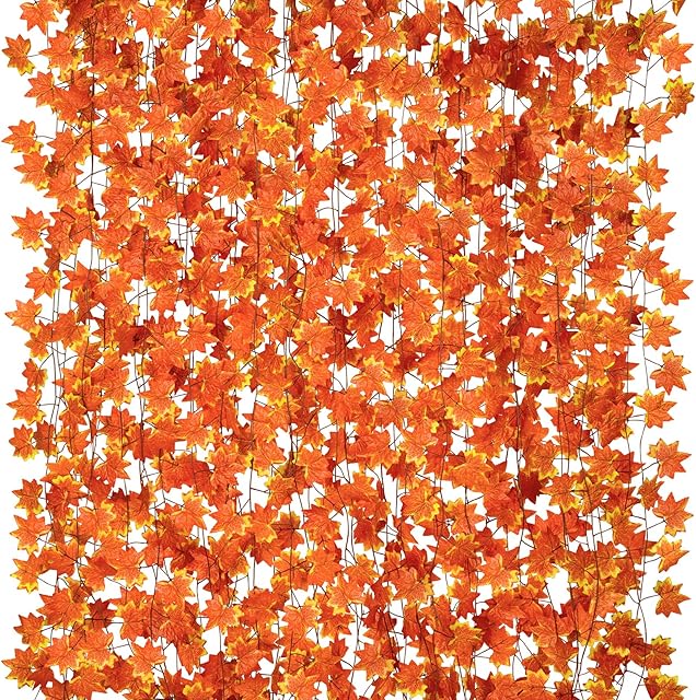 CQURE 14 Pack Fall Leaf Garland, Hanging Vines Garland Artificial Fall Maple Leaves Thanksgiving Decor for Home Wedding Fireplace Party