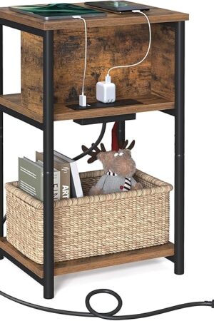 VASAGLE Side Table with Charging Station, 3-Tier End Table with USB Ports and Outlets, Nightstand for Living Room, Bedroom, 11.8 x 13.4 x 22.8 Inches, Plug-in Series, Rustic Brown and Black
