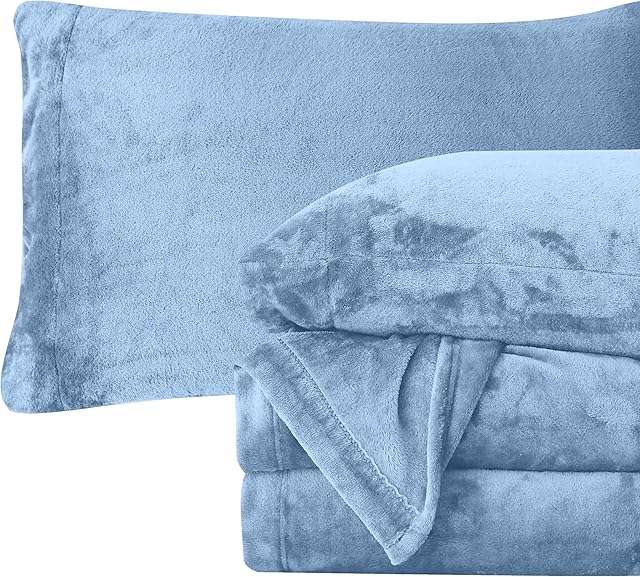 Elegant Comfort Luxuriously Soft 4-Piece Velvet Plush Flannel Sheet Set - Premium Quality - Cozy Warm, Anti-Static, Non Pilling Fuzzy Velvet Flannel Fleece Deep Pocket Sheet Set - Queen, Denim Blue