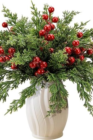 Watayo 45 Pcs Christmas Artificial Pine Branches with Red Berry Stems, 10.5" Faux Evergreen Norfolk Pine Cypress Leaves Stems, Fake Foliage Pine Needles Picks for DIY Craft Garland Home Decor