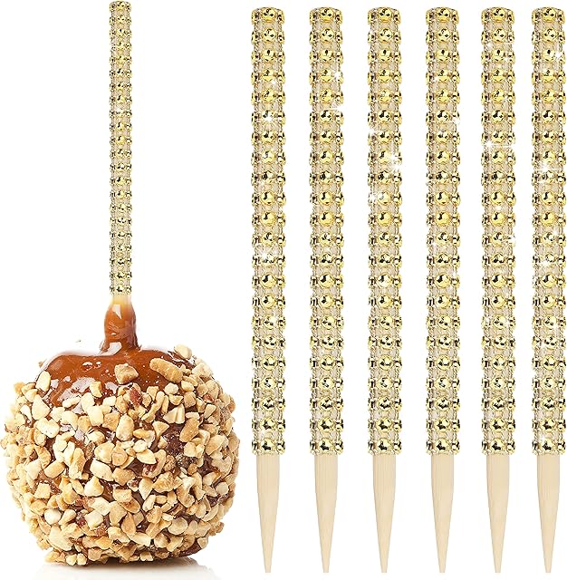 32 PCS Bling Candy Apple Bamboo Sticks,Caramel Apple Wooden Pointed Skewers with Rhinestones Diamond Mesh Wrap,Fruit Treats Pop Dec Bar for Dessert Table Tea Party Birthday Wedding Christmas (Gold)
