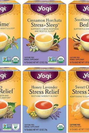 Yogi Tea Variety Pack - 6 Packs (16 Bags Each) - Stress Relief | Organic Herbal Sampler | Includes Bedtime | Kava Stress Relief | Soothing Caramel Bedtime | Herbal