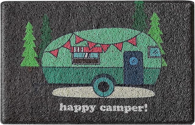 Aucuda Happy Camper RV Door Mat for Indoor Outside Entrance, Camper Entrway Rugs Welcome Mat for Front Door, RV, 24"x16" Non-Slip Front Door Mats for Summer, Waterproof Camping Door Mat Trap Dirt,Grey