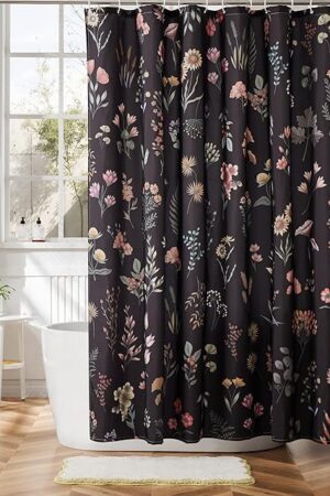 Boho Shower Curtains for Bathroom Black Cute Floral Waterproof Polyester Fabric Shower Curtain 72x72 Inch