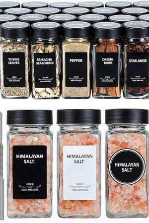 24Pcs Spice Jars Containers with Labels，4oz Black Seasoning Bottles with Shaker Lids for Rack, Cabinet, Drawer,Empty Square Condiment Pots (24, Black)