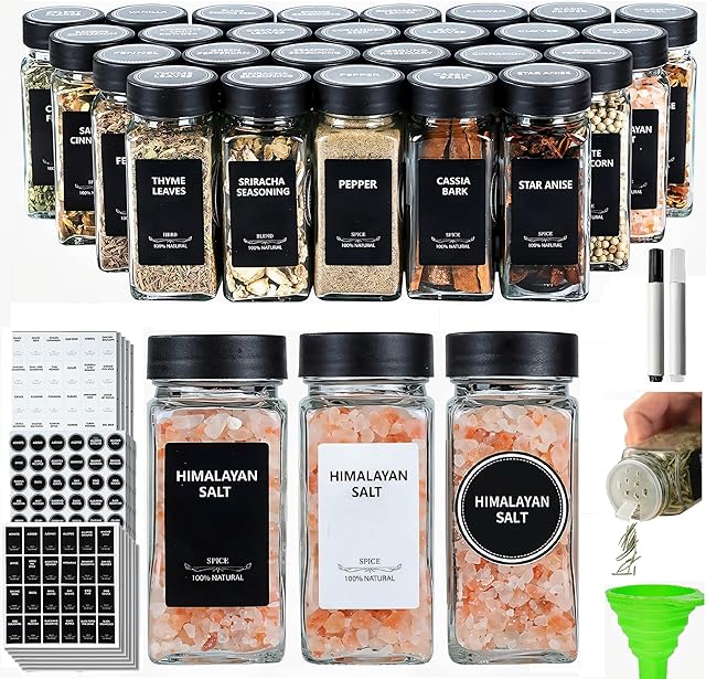 24Pcs Spice Jars Containers with Labels,4oz Black Seasoning Bottles with Shaker Lids for Rack, Cabinet, Drawer,Empty Square Condiment Pots (24, Black)