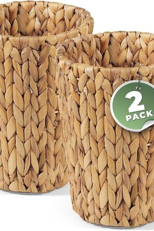 2-Pack Wicker Trash Cans - Rattan Trash Can - Wicker Waste Basket for Bathroom, Bedroom - Woven Waste Basket (Natural, 2 Gallon)