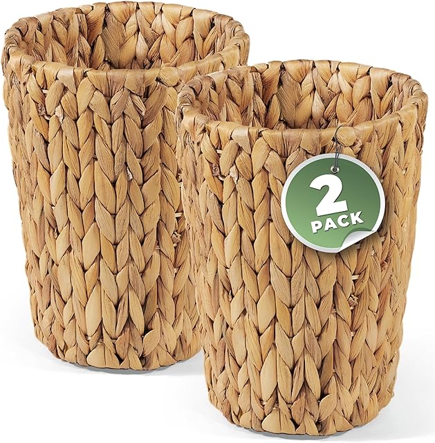2-Pack Wicker Trash Cans - Rattan Trash Can - Wicker Waste Basket for Bathroom, Bedroom - Woven Waste Basket (Natural, 2 Gallon)
