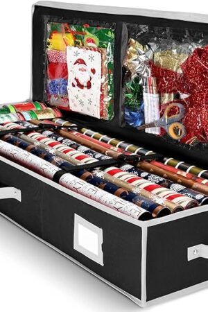Wrapping Paper Organizer Storage for Christmas Gifts Wrapping Paper (6 Colors) Underbed Storage Container with Interior Pockets, Fits 24 Rolls
