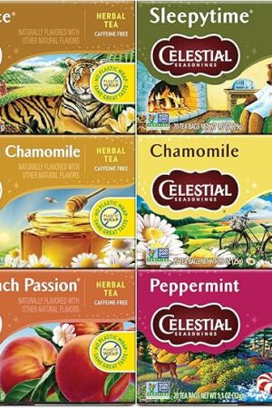 Celestial Seasonings Herbal Tea Variety Pack, Bengal Spice, Sleepytime, Honey Vanilla Chamomile, Country Peach Passion, Peppermint & Chamomile, Caffeine Free, 20 Tea Bags (Pack of 6)