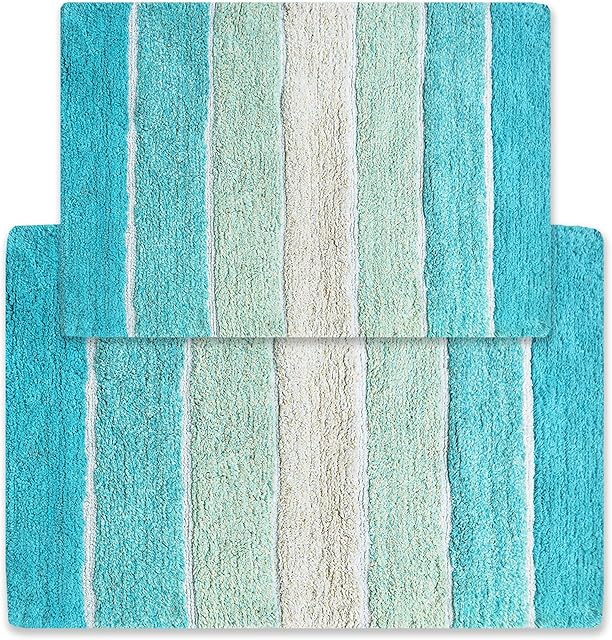 Chardin home Cordural Stripes Bath Mat, Set of 2 Bath Rugs (17 Inches x24 Inches & 21 Inches x34 Inches) | Non Slip Bathroom Rug, Machine Washable, Plush, Highly Absorbent | Aqua Turquoise Ombre