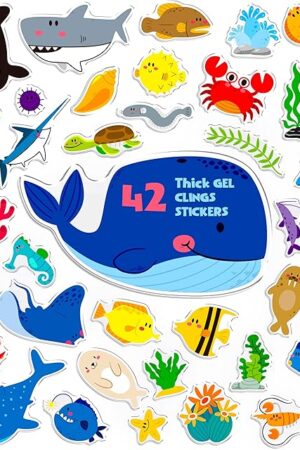 42PCS Marine Animal Jelly Stickers, Thick Window Door Clings Removable Reusable Gel Clings Decals for Kids Toddlers Adults Home Classroom Nursery Animal Party Supplies Decorations (Not Edible)
