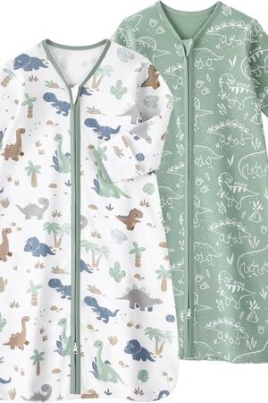 Baby Sleep Sack 6-12 Months, Long Sleeve Baby Wearable Blanket 0.5 Tog with Mittens, 2-Way Zipper Infant Cotton Sleeping Sack for Boy and Girl Green Dinosaur 2 Pack (Medium)