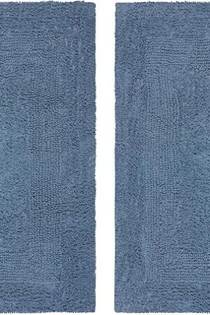 COTTON CRAFT Luxurious Bath Mat Rug - Set of 2 Reversible Heavyweight Step Out Bath Mats for Bathroom Floor, Tub and Shower - Pure Cotton Soft Plush Absorbent Tufted Racetrack Mat - 17x24 - Azure Blue
