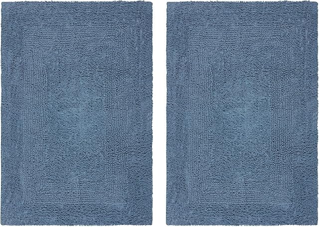 COTTON CRAFT Luxurious Bath Mat Rug - Set of 2 Reversible Heavyweight Step Out Bath Mats for Bathroom Floor, Tub and Shower - Pure Cotton Soft Plush Absorbent Tufted Racetrack Mat - 17x24 - Azure Blue