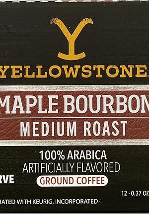 Yellowstone Maple Bourbon Medium Roast Coffee, Single Serve Recyclable Pods/Cups, 100% Arabica Beans, 12 Count