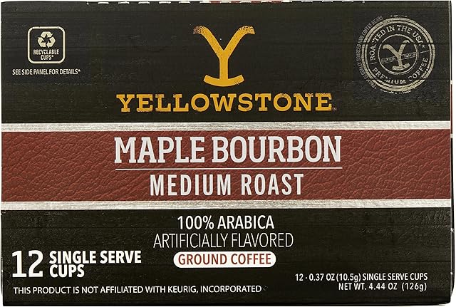Yellowstone Maple Bourbon Medium Roast Coffee, Single Serve Recyclable Pods/Cups, 100% Arabica Beans, 12 Count