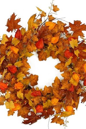 22 inch Artificial Fall Wreath Maple Leaf Wreath with Cape Gooseberry for Front Door Indoor Outdoor Farmhouse Home Wall Window Festival Wedding Decor