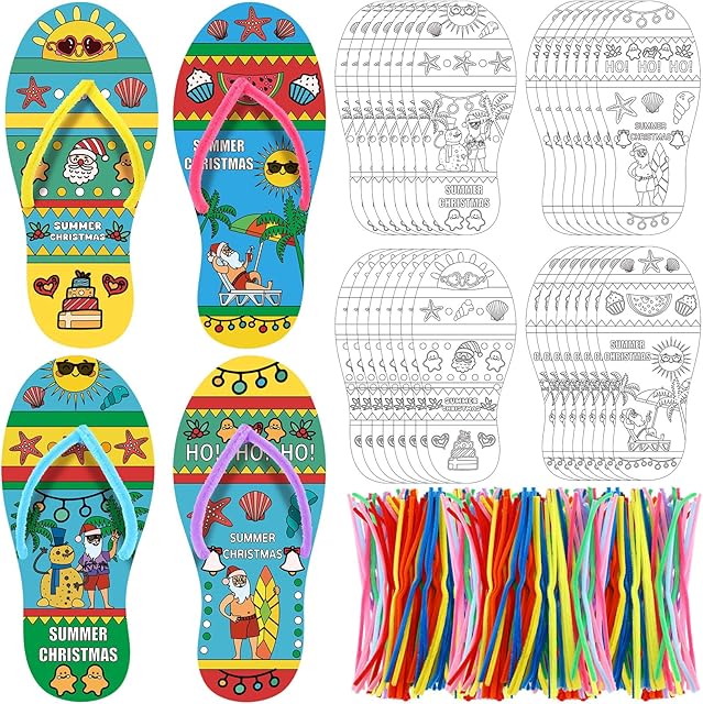 The Hollowfly 36 Pcs Summer Christmas DIY Handmade Craft Kit DIY Flip Flop Card Christmas Party Decorations for Summer Holidays Classroom Home Hawaiian Tropical Activities Art Craft Supplies