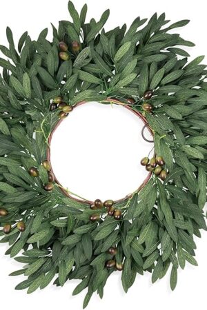 24 inch Olive Wreaths for Front Door, Artificial Large Spring Summer All Seasons Year Round Green Olive Branch Wreath for Home Outdoor Indoor Farmhouse Porch Window