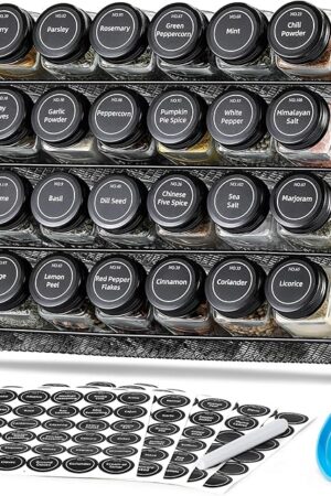 AOZITA Spice Rack Organizer for Cabinet, Spice Organizer with 28 Empty Spice Jars with Black Lids, Funnel, Spice Labels, Seasoning Organizer for Countertop, Cabinet, Kitchen, Pantry, Cupboard
