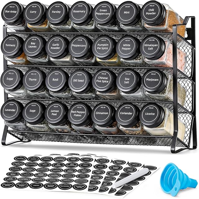 AOZITA Spice Rack Organizer for Cabinet, Spice Organizer with 28 Empty Spice Jars with Black Lids, Funnel, Spice Labels, Seasoning Organizer for Countertop, Cabinet, Kitchen, Pantry, Cupboard