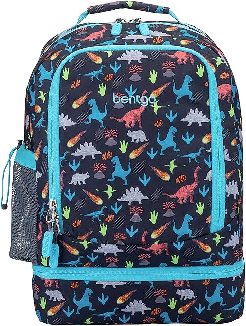 Bentgo Kids 2-in-1 Backpack & Insulated Lunch Bag - Durable 16? Backpack & Lunch Container in Unique Prints for School & Travel - Water Resistant, Padded & Large Compartments (Dinosaur)