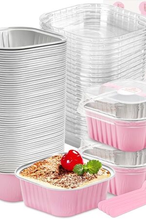 60 Pack Mini Cake Pans with Lids Foil Pans Square Aluminum Pans with Lids Cupcake Liners for Birthday Wedding Party Gift (Pink, 5 oz)