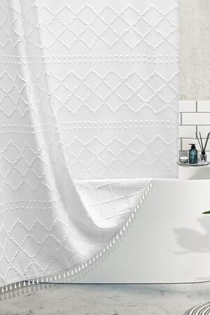 White Boho Shower Curtain Fabric Shower Curtains with Tassel 72 x 72 Modern Textured Shower Curtain Farmhouse Minimalist, Tufted Chevron Striped Shabby Chic, Water Resistant Cloth Curtain for Bathroom