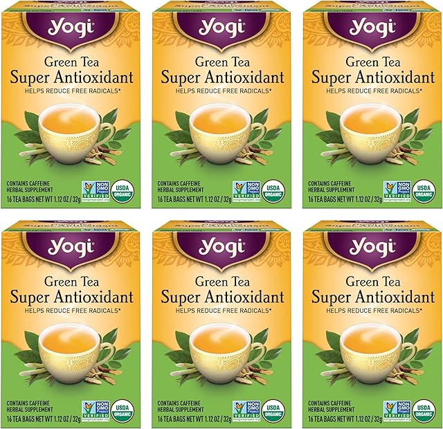 Yogi Tea Green Tea Super Antioxidant Tea - 16 Tea Bags per Pack (6 Packs) - Organic Green Tea for Antioxidant Support - Includes Green Tea Leaf, Licorice Root, Jasmine Green Tea Leaf & More.