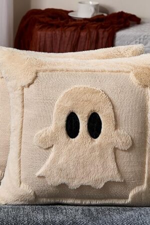 DFXSZ Halloween Pillow Covers 18x18 inch Set of 2 Black Eyes Beige Ghost Throw Pillow Cases Soft Plush Faux Fur Wool Couch Cushion Case for Chair Sofa Bedroom Living Room Home Decor PTK058B18