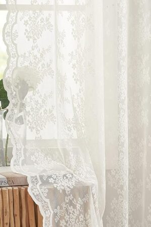 YJ YANJUN Vintage Lace Curtains 84 Inches Long-Romantic Flowers and Branch Sheer Lacy Curtains for Living Room French Door 1 Pair Rod Pocket, 52 x 84 Inch Ivory