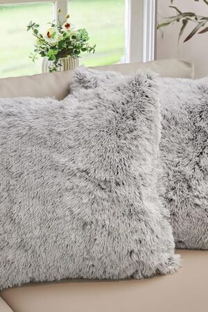Cheer Collection Throw Pillows for Couch and Bed, Soft Shaggy Throw Pillows with Inserts Included, Cozy Long Hair Faux Fur Pillows - Set of 2-18" x 18" - Gray