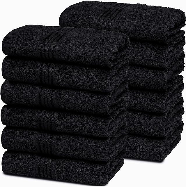 Belizzi Home Cotton Washcloths 12 Piece Face Cloths 12x12 inch Face Towels Black
