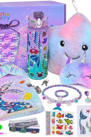 Cherry Tale Toys Gifts for Girls 4-6 7 8 9 10 Years Old, Girls Birthday Gifts Set with Light Up Star Pillow Diary Plush DIY Water Bottle Kits, for Daughter Niece Christmas (A: Plush Mermaid Themed)