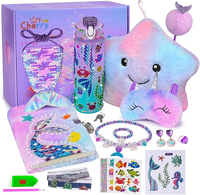 Cherry Tale Toys Gifts for Girls 4-6 7 8 9 10 Years Old, Girls Birthday Gifts Set with Light Up Star Pillow Diary Plush DIY Water Bottle Kits, for Daughter Niece Christmas (A: Plush Mermaid Themed)