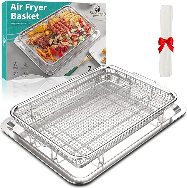 Air Fryer Basket for Oven, OPENICE 15.6" x 11.6" Large Air Fryer Tray and Pan with 30PCS Parchment Papers, Stainless Steel Oven Air Fryer Basket and Tray for Baking Grilling