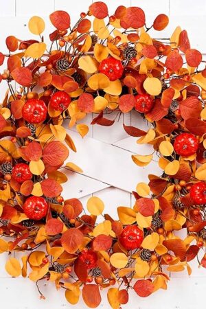Artificial Fall Wreath 22 inch Fall Wreaths for Front Door with Pumpkin Eucalyptus Leaves Berries and Pine Cones Autumn Wreaths for Indoor Outdoor Thanksgiving Harvest Festival Celebrations