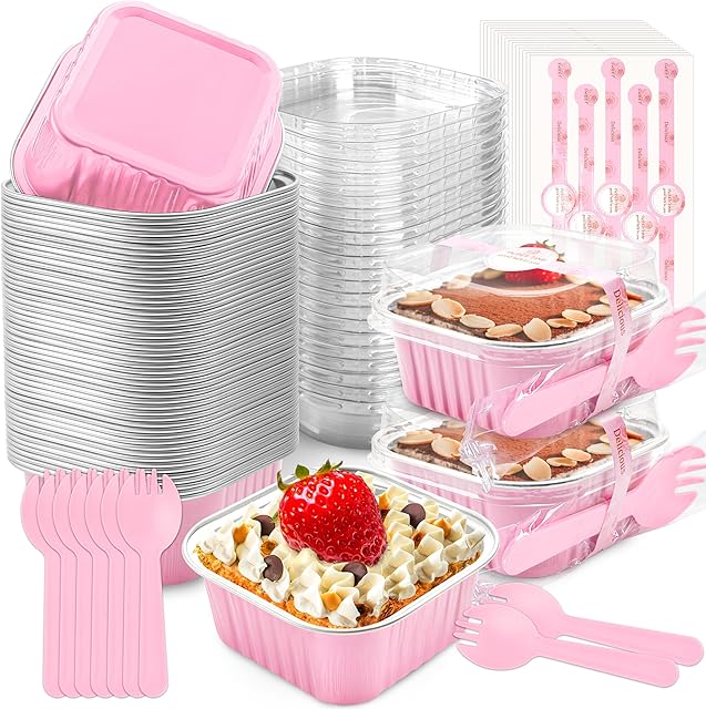 50 Pcs Mini Cake Pans with Lids and Spoons Aluminum Foil Mini Square Baking Cups with Lids Disposable Ramekins Cake Pans Dessert Cups for Wedding Birthday Party(Pink,5oz)