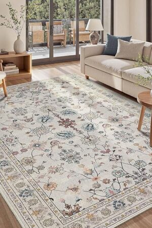 5x7 Area Rugs for Bedroom & Living Room - Washable Floral Boho Vintage Rug,Soft & Non-Slip,Low Pile Wool Carpet for Indoor Dining Room,Girls Room,Nursery Room and Kids Room(Grey)