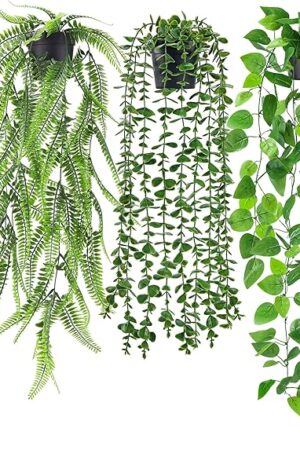 Der Rose 4Pcs Fake Plants Hanging Artificial Ivy Vine Faux Eucalyptus Hanging Plants, Boston Fern, String of Pearls for Living Room Bedroom Boho Wall Shelf Indoor Outdoor Decor