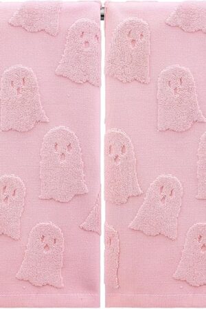 2 Pcs Pink Ghost Hand Towels for Bathroom Pink Halloween Hand Towels 100% Cotton Absorbent Decorative Jacquard Weave for Halloween Bath Kitchen Decor Gift, 13.8 x 29.5 Inch