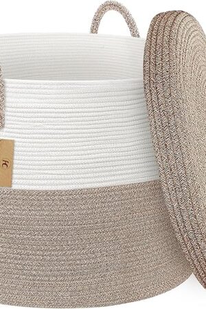 18" X18“ X 14" Large Storage Basket with Lid, Blanket Basket Living Room, Woven Cotton Rope Storage Box, Lidded Kids Dog Toy Bin, Wicker Laundry Basket, Blankets Pillows Organizer Holder