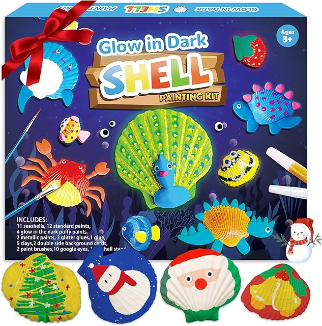 The SOOVSY Glow in The Dark Sea Shells Painting Kit, Beach Toys Arts & Crafts Gifts for Girls Boys DIY Creative Supplies Toys for Age 4-6-8-12 Kids Activities
