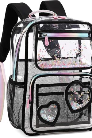 Clear Backpack for Girls Women Transparent Kids Elementary College School Bag Travel Laptop Backpacks Large Bookbags (Black)