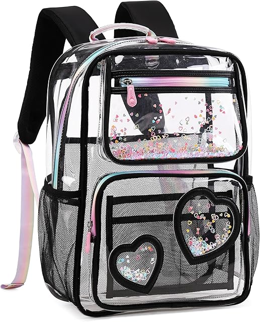 Clear Backpack for Girls Women Transparent Kids Elementary College School Bag Travel Laptop Backpacks Large Bookbags (Black)